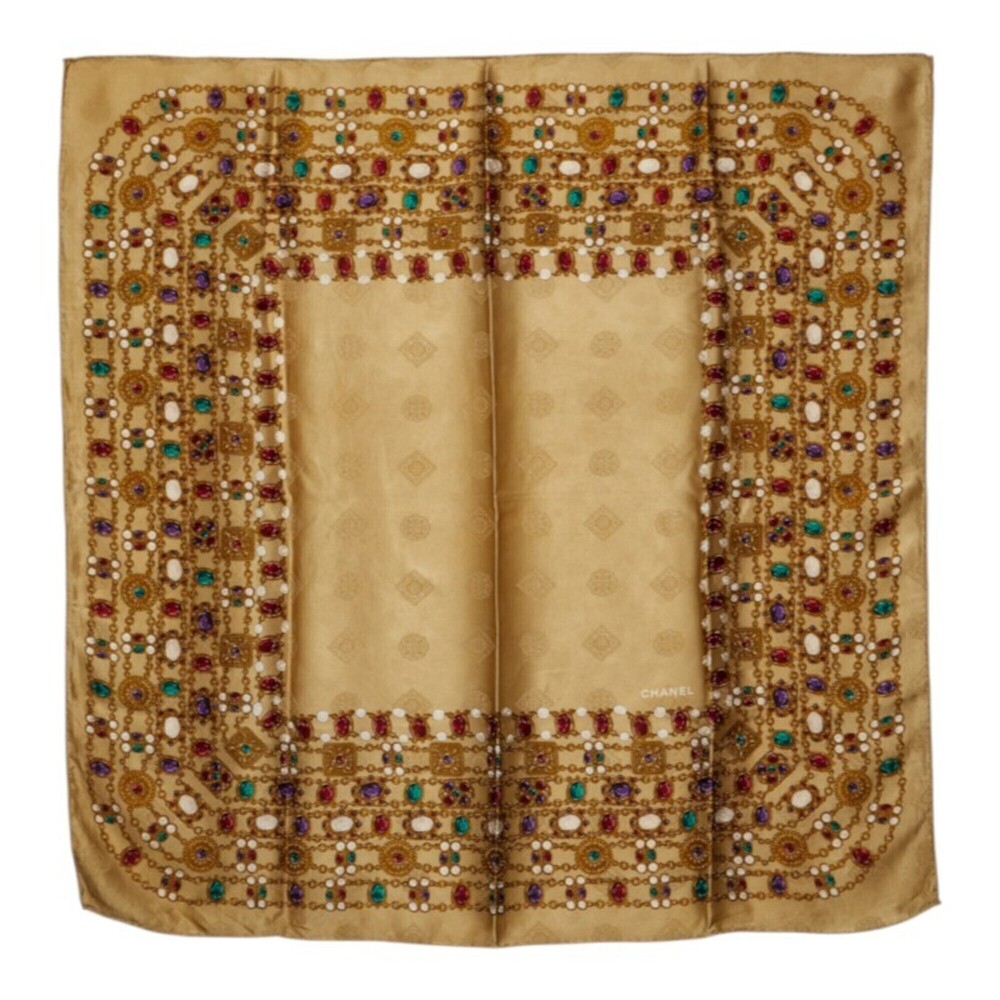 Chanel jewel-encrusted Gripoix pattern scarf/muffler, large size, gold, multi...